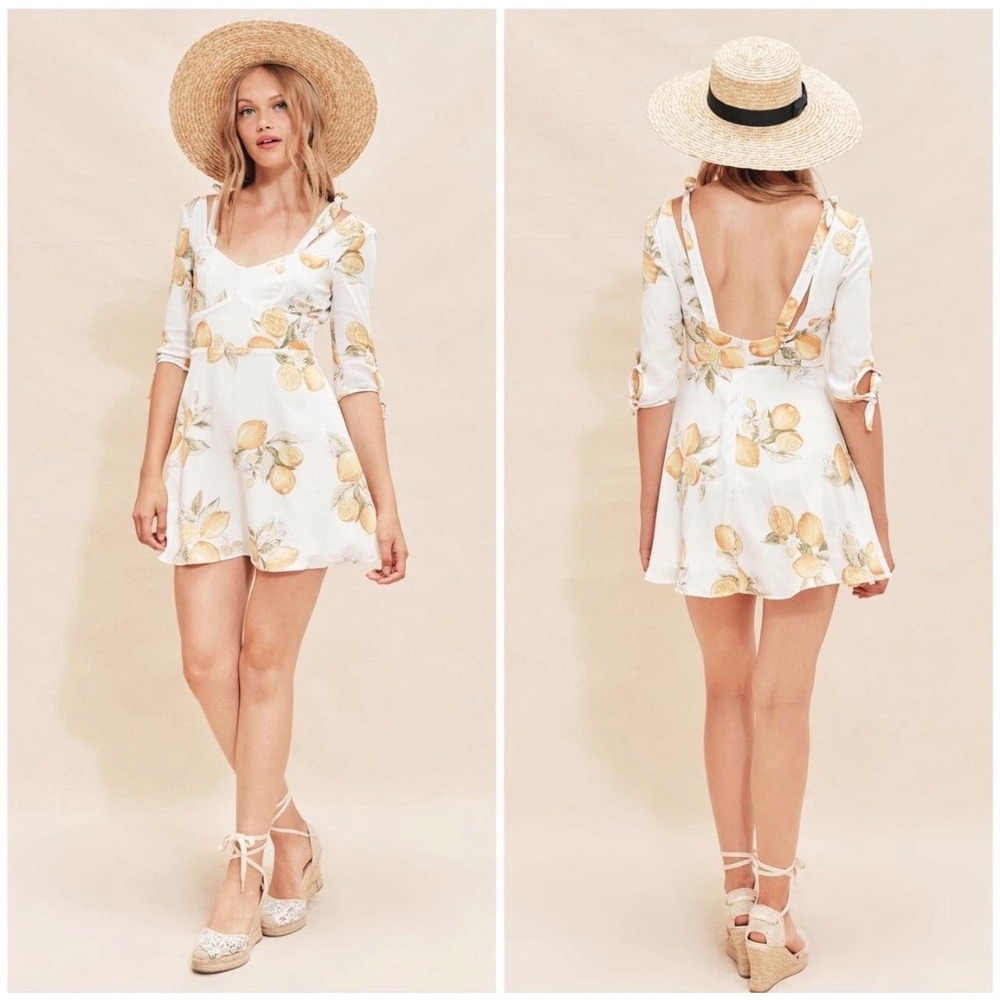 For Love & Lemon Mini Dress Women Medium White Lemon Print Cottagecore Tie Strap